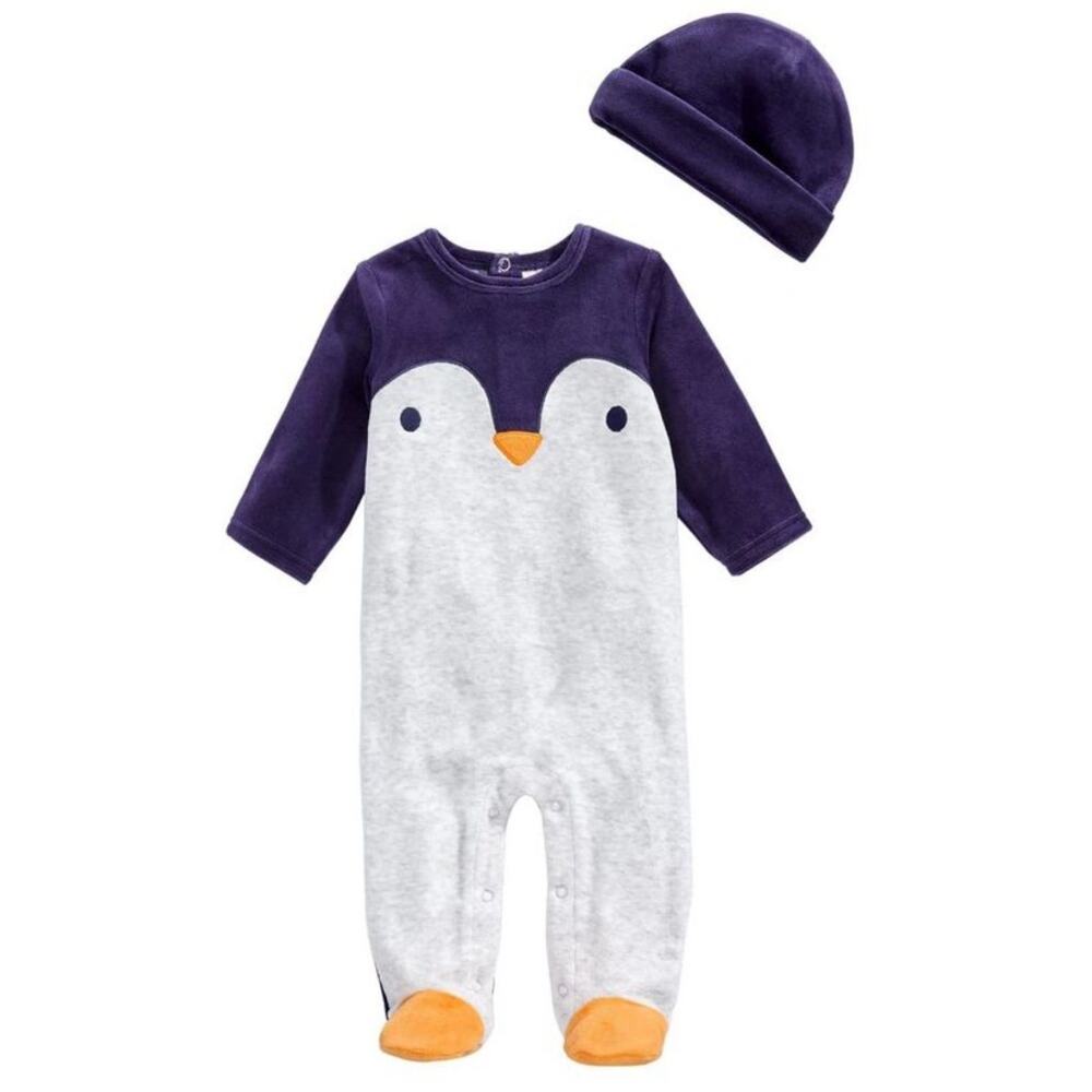 First Impressions Penguin Coverall One Piece With Hat purple gray baby costume